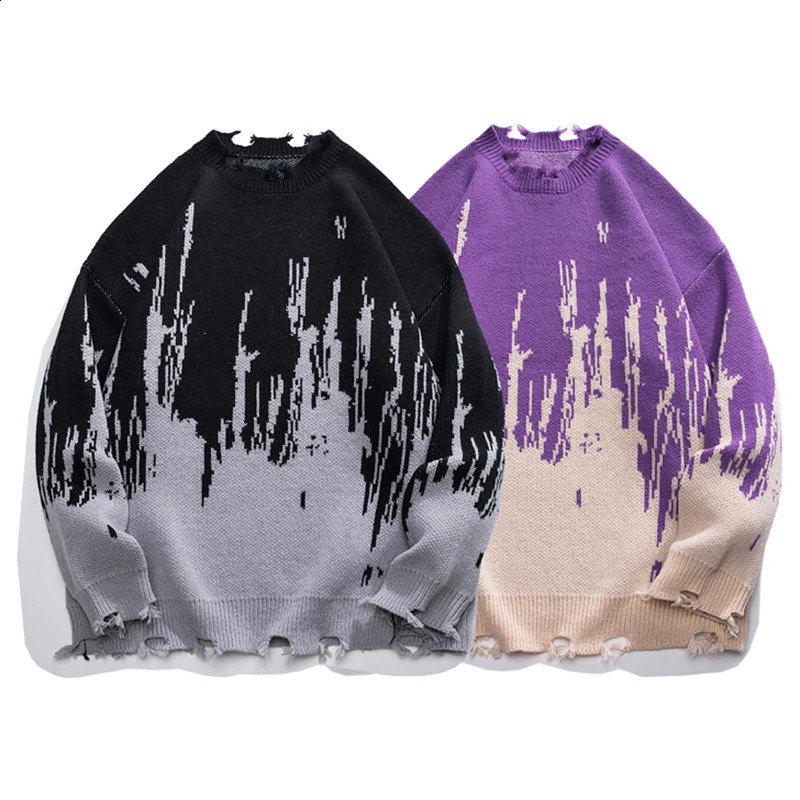 Autumn Oversize Ripped Sweater Men Jacquard Pattern Jumper Fashion Korean Street Knitted Pullovers Tops Clothing Male Plus Size 240812