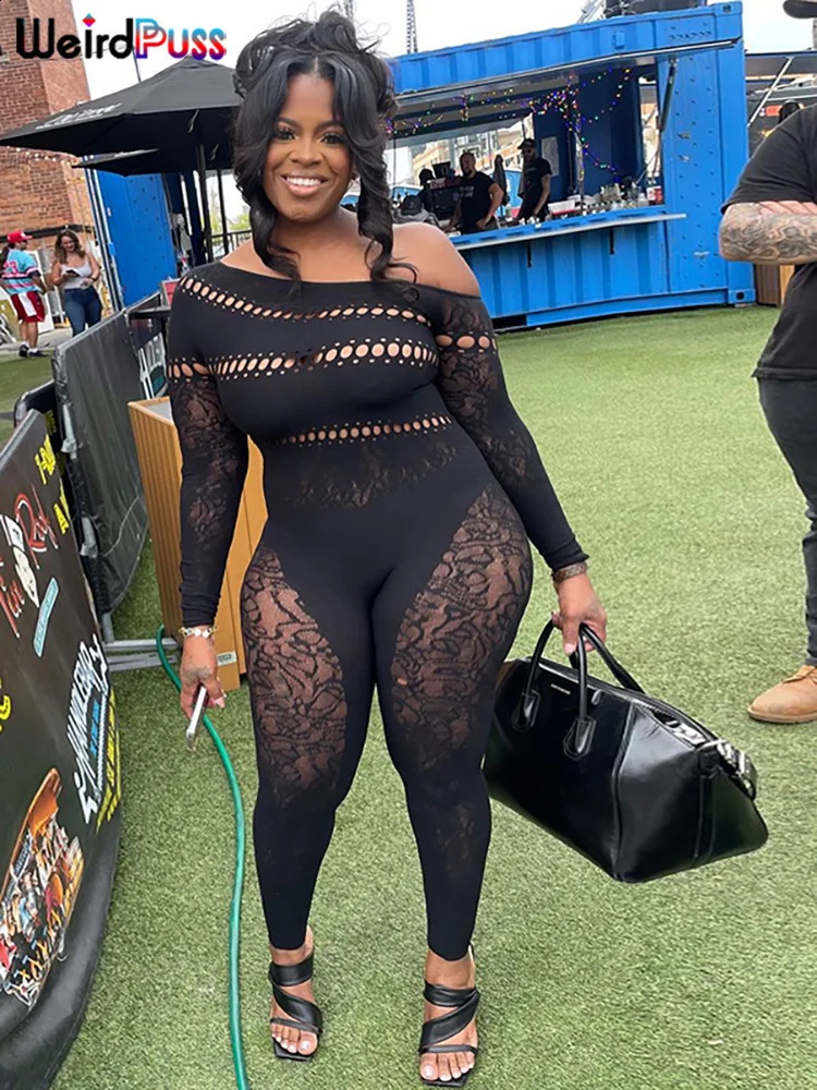 Weird Puss Sexy Hollow Tight Jumpsuit Women Irregular Off Shoulders Skinny Elastic Diamonds Long Sleeve Sexy Clubwear Overalls 240813
