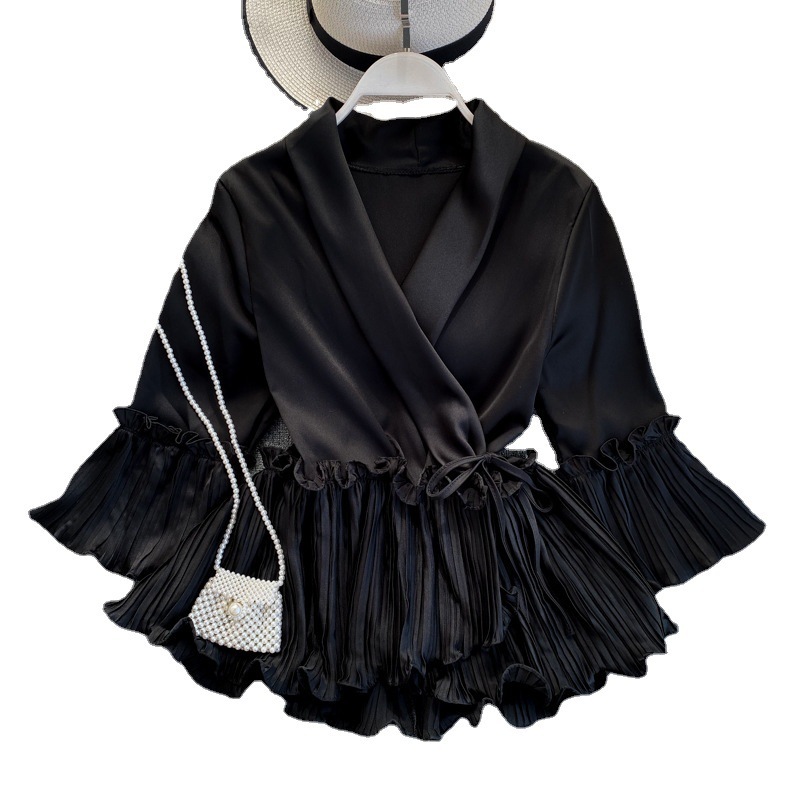 Blouse V-neck 3 4 flared sleeves waistband tied slimming pleats ruffled edges one piece shirt top