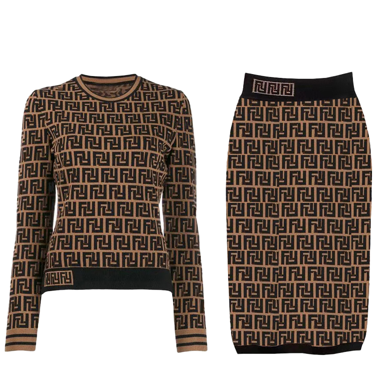 Designer Two Piece Set Women Clothing knitting Cardigan Sweater Hip Wrap Skirt Autumn and Winter Round neck striped fashion Long Sleeve Highend Jacquard Coats