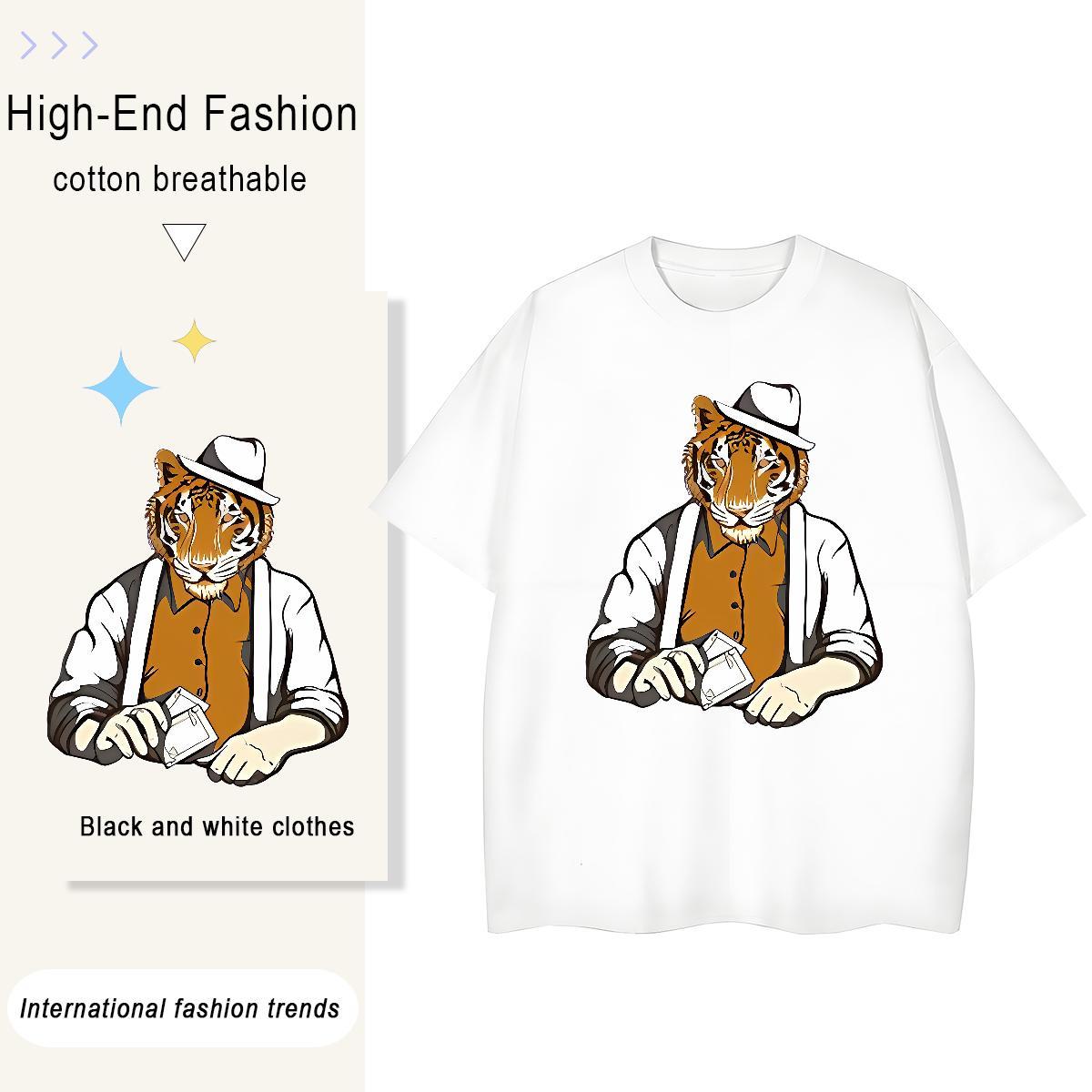 Fashion Couples T Shirts tiger Street wear Hip Hop 230g Cotton Tops Shirt O-Neck Short Sleeve Soft T-Shirts Asian Size