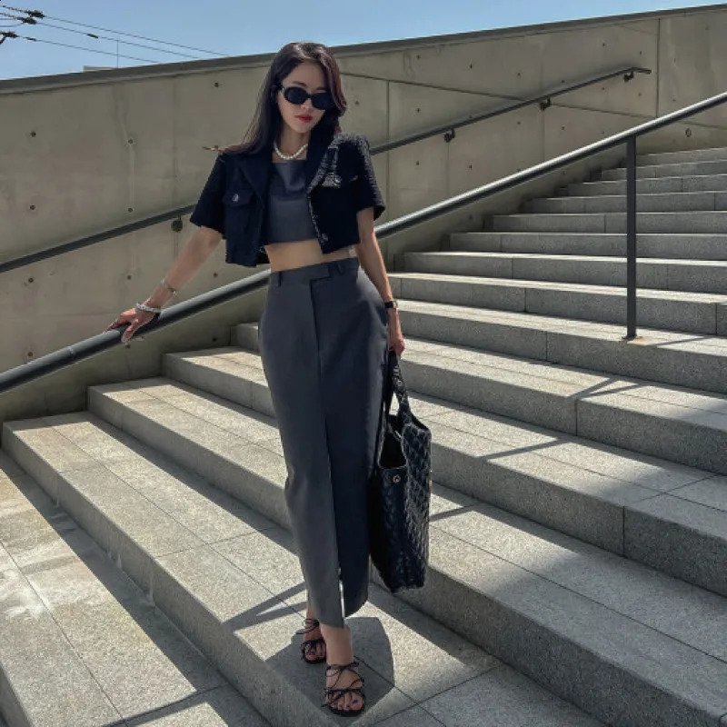 Womens Spring Summer Vintage Short Tweed Blazer Jacket Coat Elegant Crop Top Single Breasted Outerwears Korea Style 240812