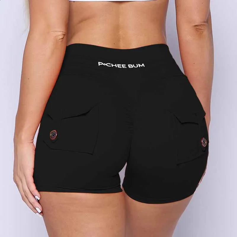 Pchee Bum Womens Pocket Fold Hip Shorts Push Up Gym Boots 240807