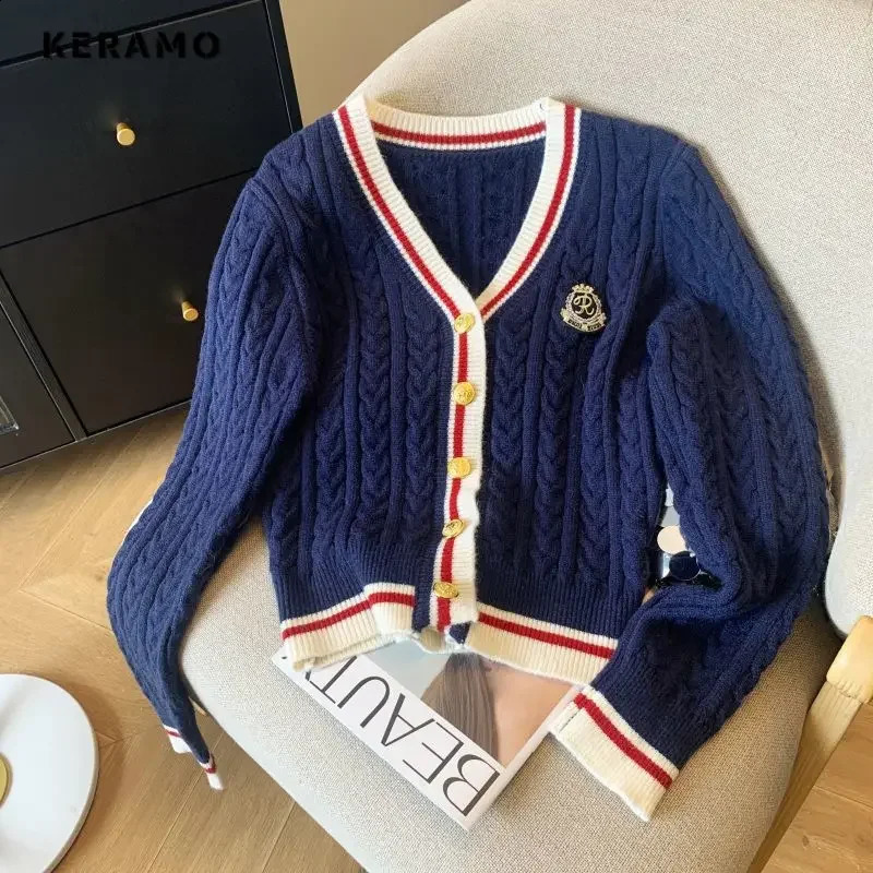 Autumn Winter Preppy Style V-Neck Knitting Long Sleeve Cardigan Women Casual Appliques Single Breasted Female Loose Sweater 240812