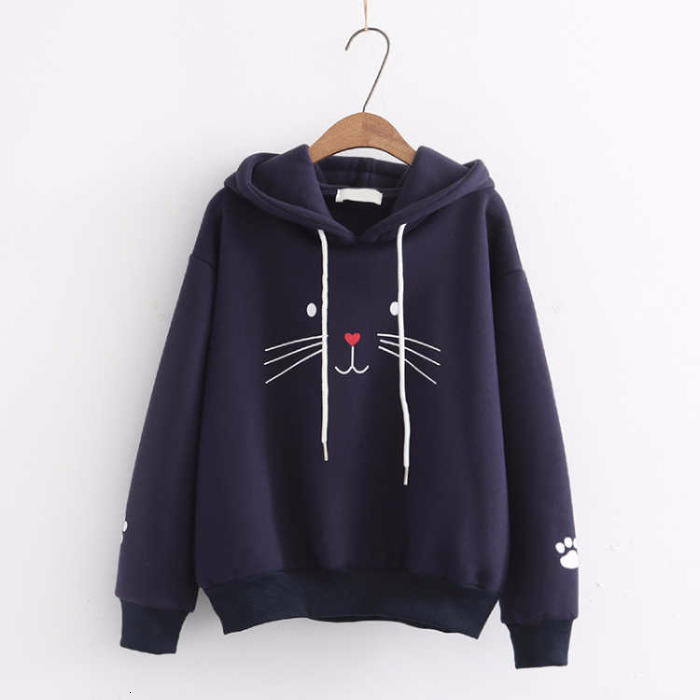 Cat face Korean version BF style Harajuku cat embroidery long sleeved hooded sweatshirt for female students thick and thickened jacket 14acf