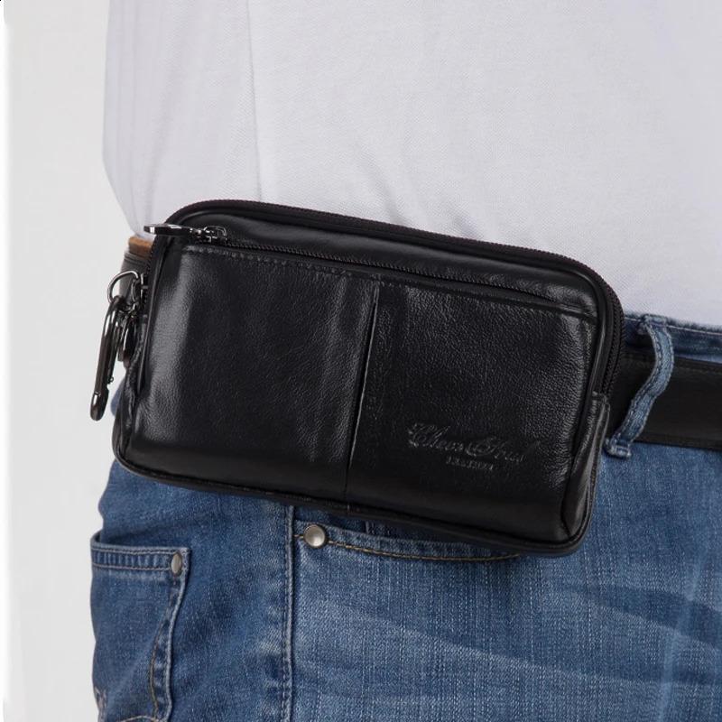 Mens clutch waist bag phone case cover genuine leather mens genuine cowhide hook Hip strap bag wallet Fanny bag 240812