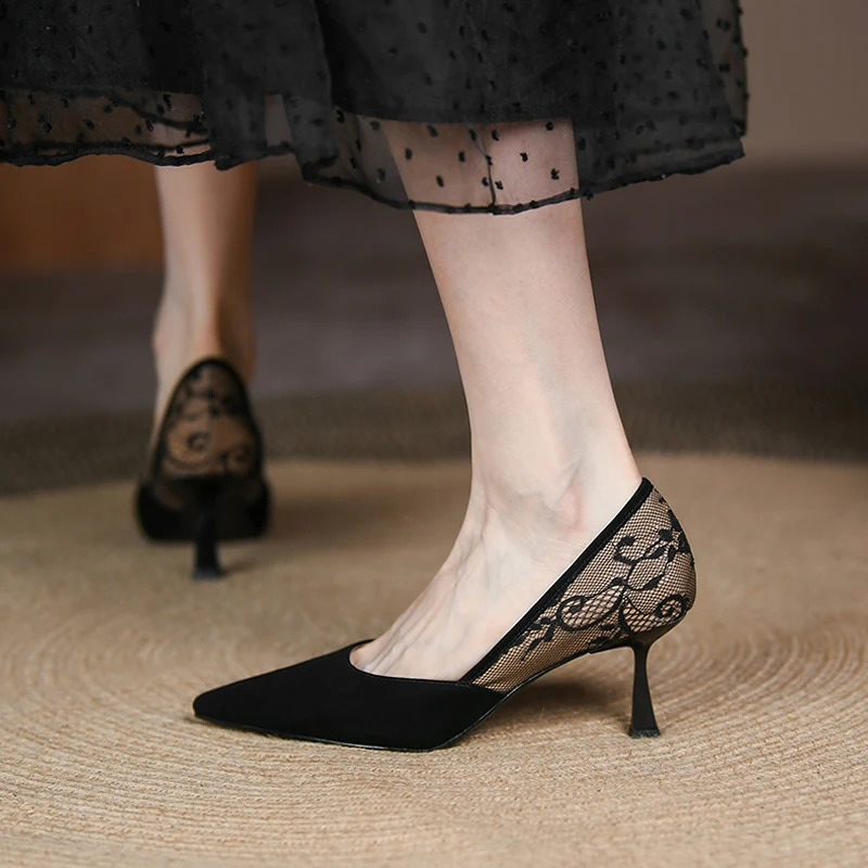 Summer Pointed High Heels Women Shoes Sexy Lace Stitching Fashion Pumps French Retro Elegant Ladies Shoes Chaussure Femme 240809