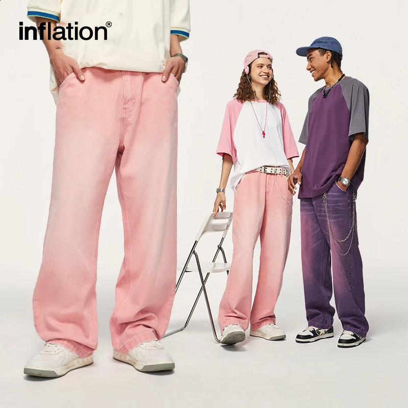 INFLATION Pink Wide Leg Jeans Unisex High Street Washed Denim Pants Mens Baggy Trousers Plus Size 240812