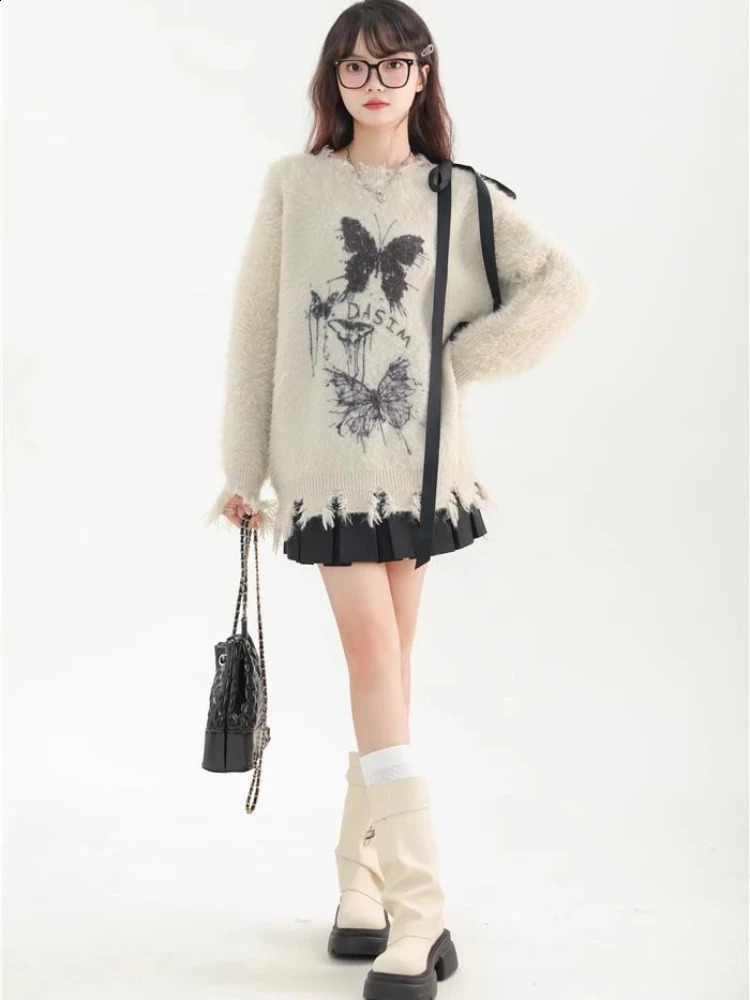 QWEEK Gothic Grunge Goth Butterfly Knit Knitted Sweater Women Y2k Coquette Harajuku American Retro Long Sleeve Pullovers Top 240812
