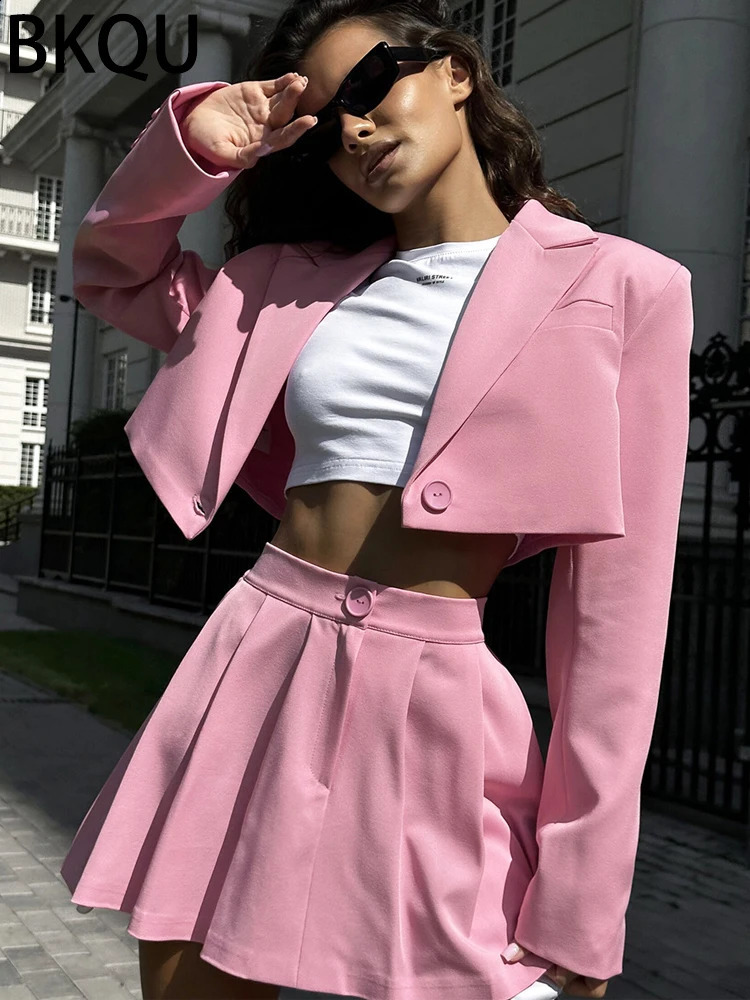 BKQU sports jacket twopiece set womens casual lapel top pleated ski suit high street Y2K clothing 240812