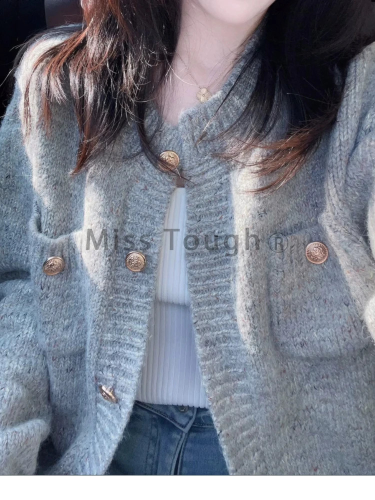 Gray Vintage Knitted Cardigan Women Autumn Winter Preppy Style Casual Sweater Coat Female Korean Fashion Retro Warm Tops 240812
