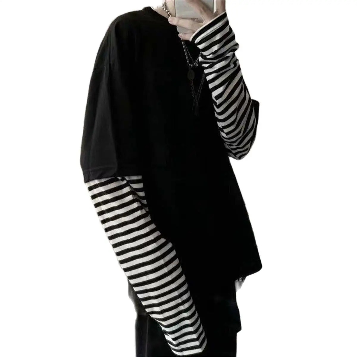 Cool Striped Patchwork T-Shirt Men Autumn Oversize Tops Boys Solid Long Sleeve T Shirt Fashion Japanese Gothic Japan T Shirt 240812
