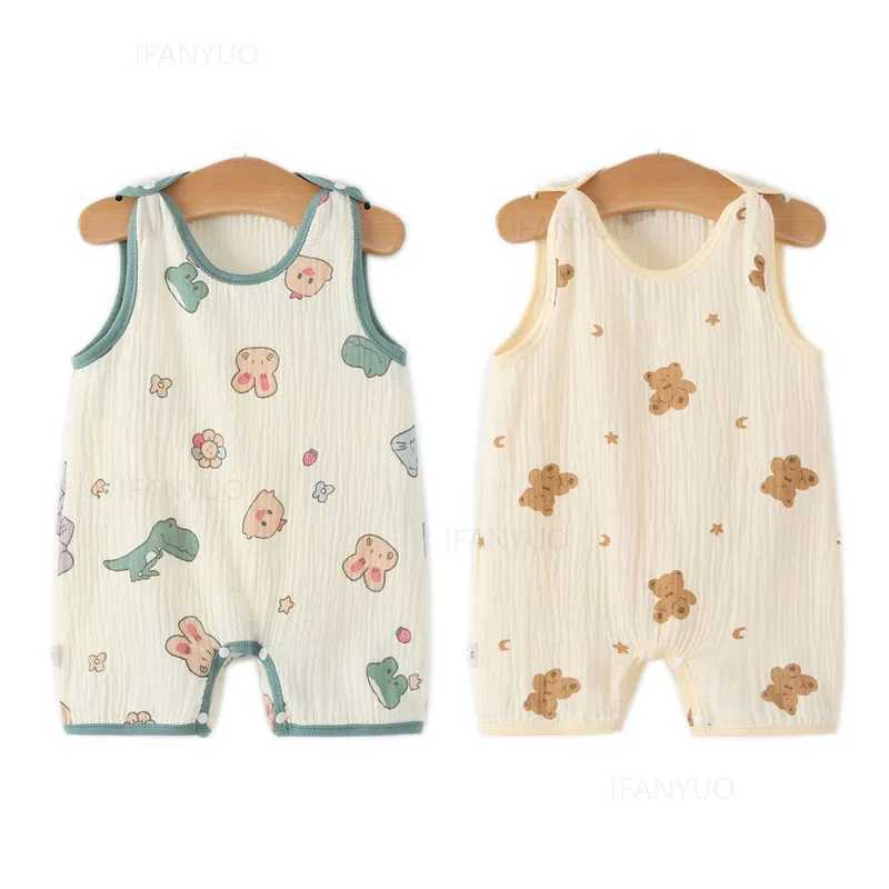 Baby girl underwear jumpsuit summer cartoon newborn children jumpsuit sleepwear thin Gauze printing baby boy crawling clothing tight fitting clothes W