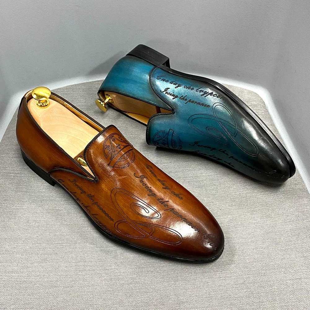 CMM Italian Style Handpainted Letters Mens Shoes Leather Formal Shoes Mens Loafer Shoes One Foot Business Casual Single Shoes