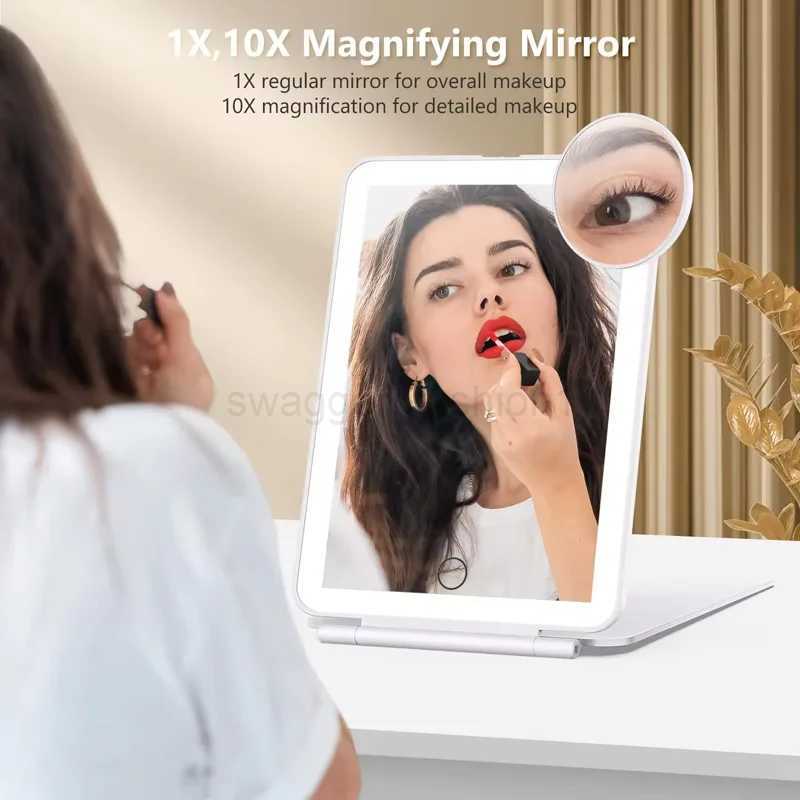 Portable travel USB rechargeable foldable makeup mirror with tri-color LED light Smart touch makeup mirrorXJ240813