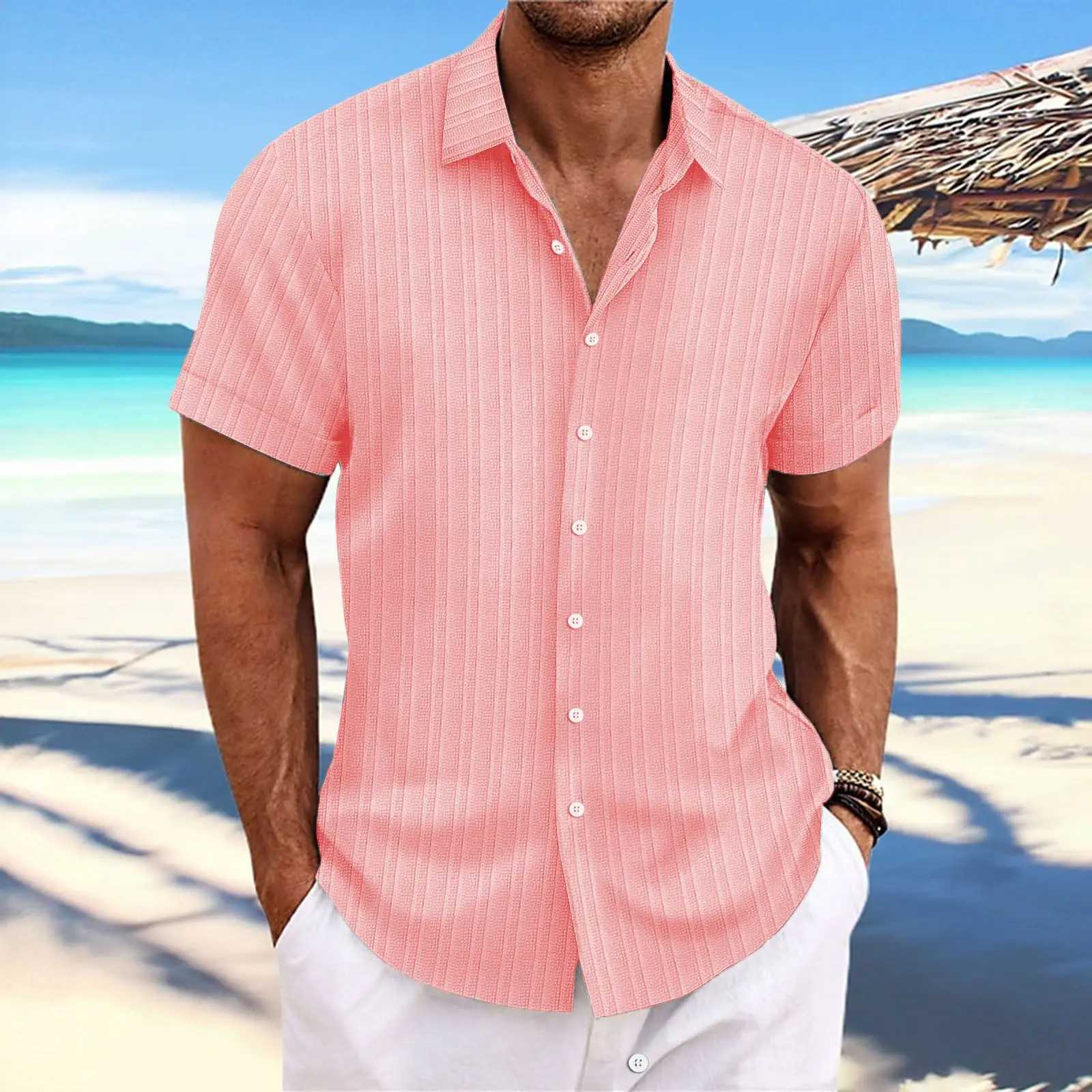 2024 Mens striped jacquard lapel casual fashion comfortable loose short sleeve Hawaiian multicolor shirtXJ250121