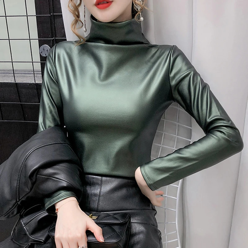 Shintimes Turtleneck Soft PU Leather Tshirt Womens Long Sleeve Winter Warm Clothing Camisetas De Mujer 240812