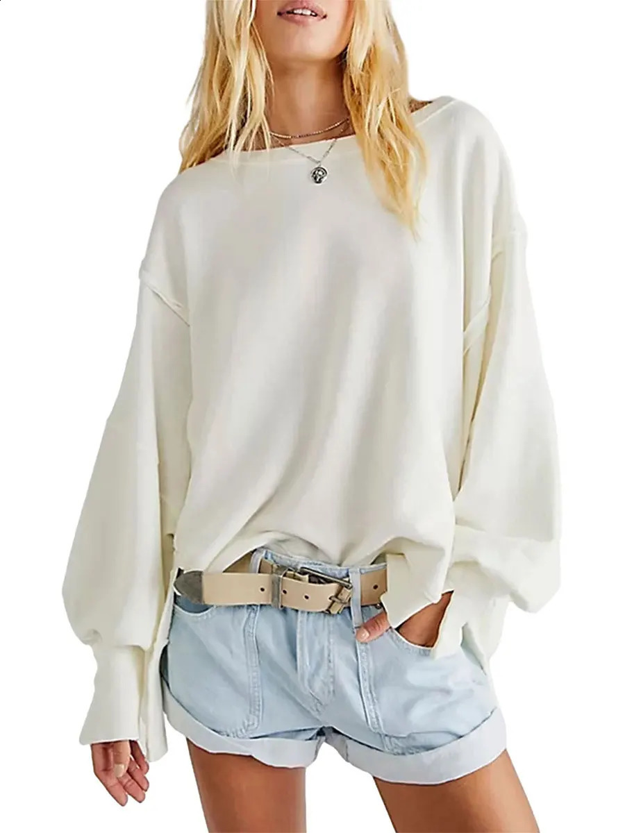 Womens Slouchy Oversized Sweatshirts Ladies Long Sleeve Side Slit Crew Neck Drop Shoulder Fall Pullover Tops 240812