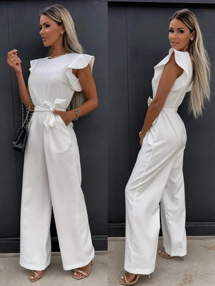 Summer Womens Jumpsuits Elegant Belt Solid Overalls Woman Jumpsuit Casual O-neck Ruffles Office Lady Wide Leg Playsuits 240813