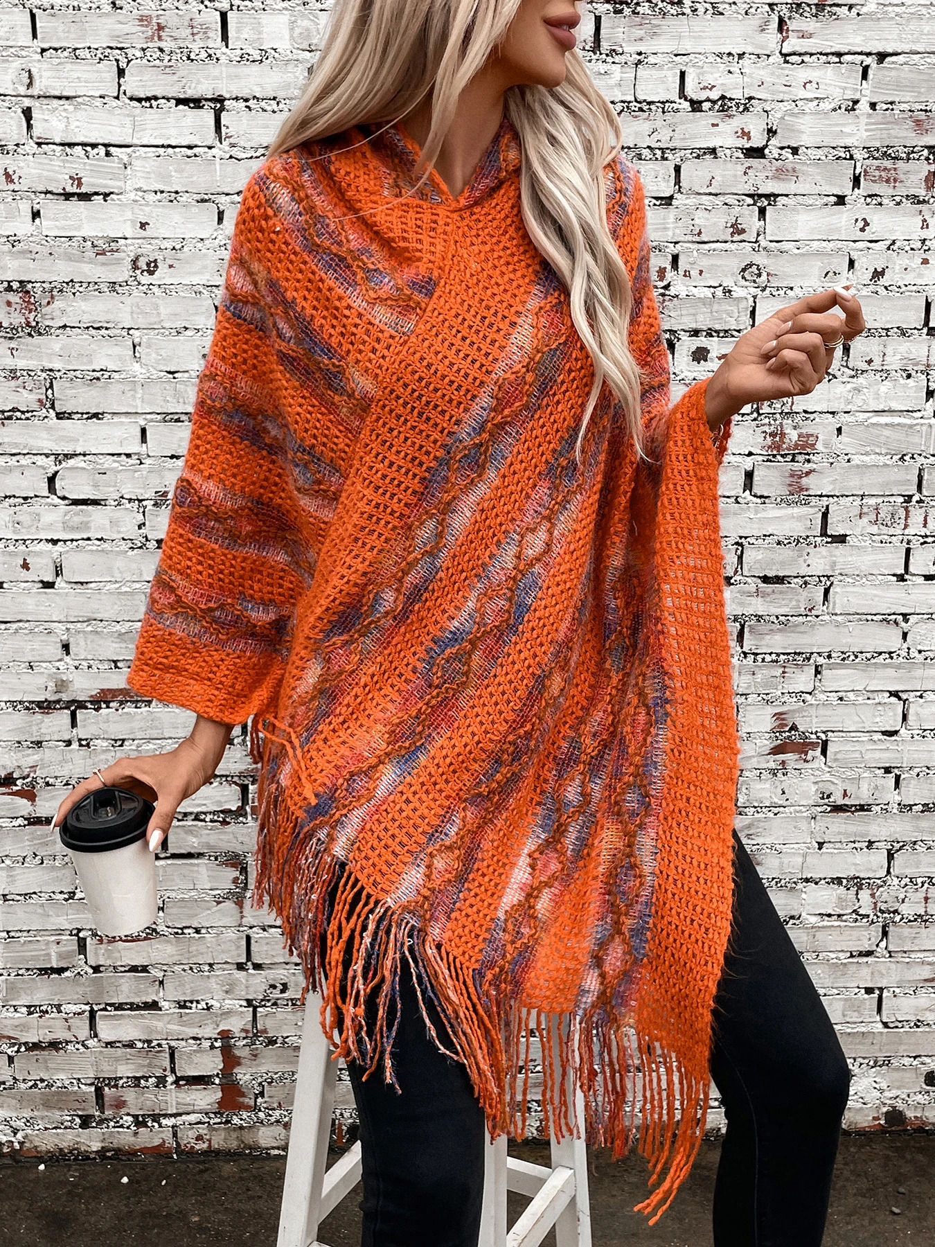 contrasting color hooded knitted tassel long womens cape jacket for autumn and winter 240813