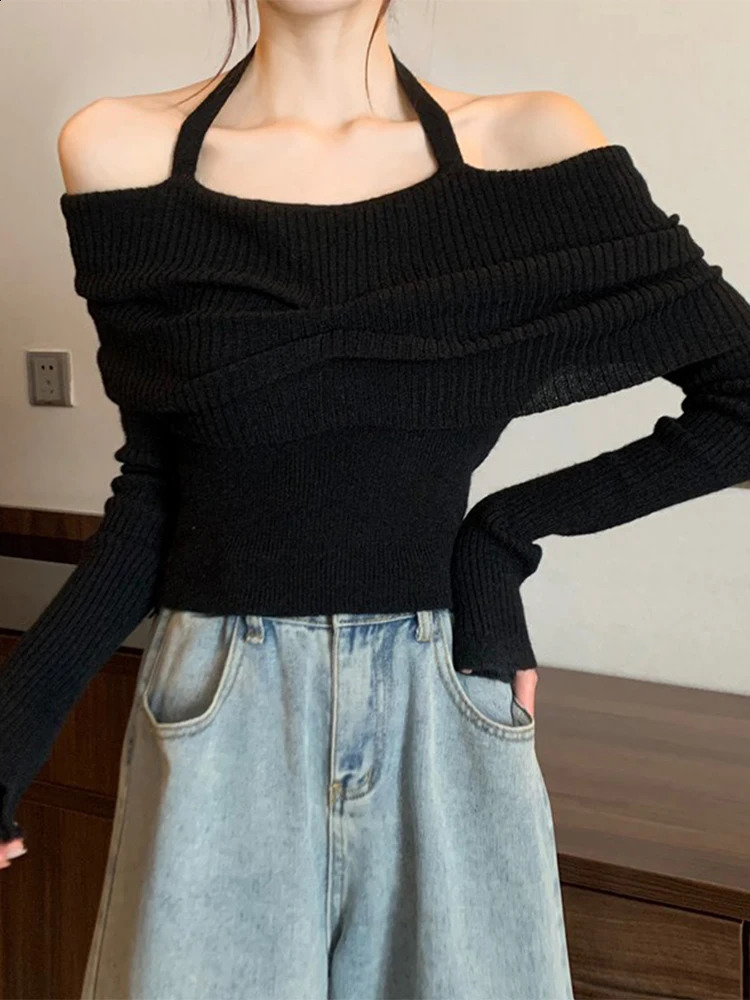 Womens Grey Vintage Pullover Knit Sweater Y2k Aesthetic Harajuku Elegant Long Sleeves Slash Neck Sweaters Fashion 2000s Clothes 240812