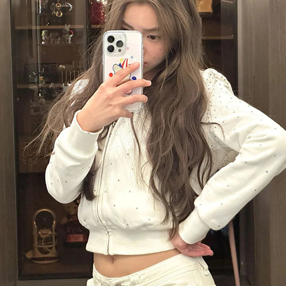 Womens White Zip Sweatshirt Cardigan Fashion Diamonds Jacket High Waist Hoodies Coats Long Sleeve Female Casual Crop Tops 240812