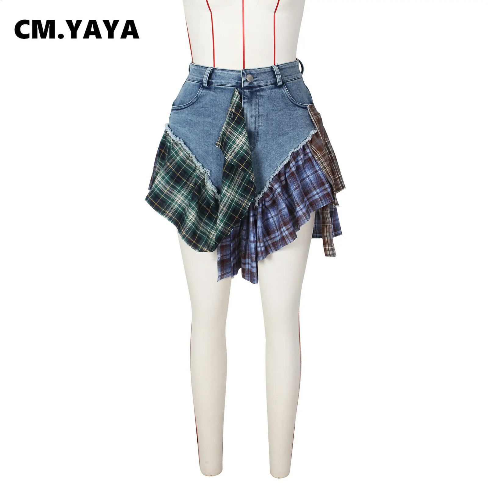 CM.YAYA Women Fashion Plaid Denim Patchwork Streamer Irregular A-line Mini Skirt Street Female Classic Jeans Cargo Skirts 240812