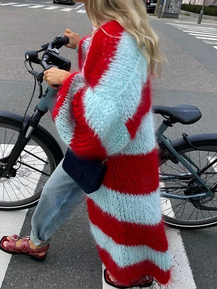 Long Knitted Cardigan Women Casual Striped Sweater Autumn Winter Vintage Loose Maxi Cardigan Lady Elegant Street Jacket Knitwear 240813