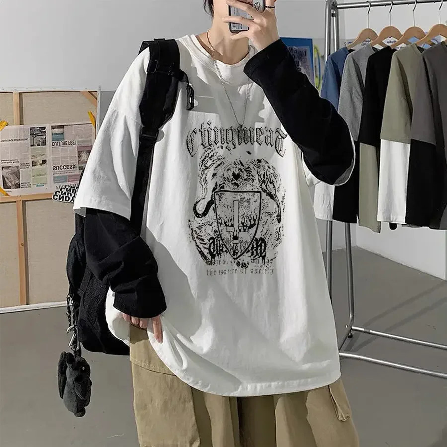 Black cross print long sleeved mens T-shirt autumn retro Y2k street clothing graphic T-shirt 240826