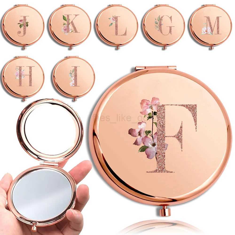 Magnifying makeup circular mirror double-sided metal cosmetics portable appearance glass compact handheld mirror rose gold letter pattern W240813