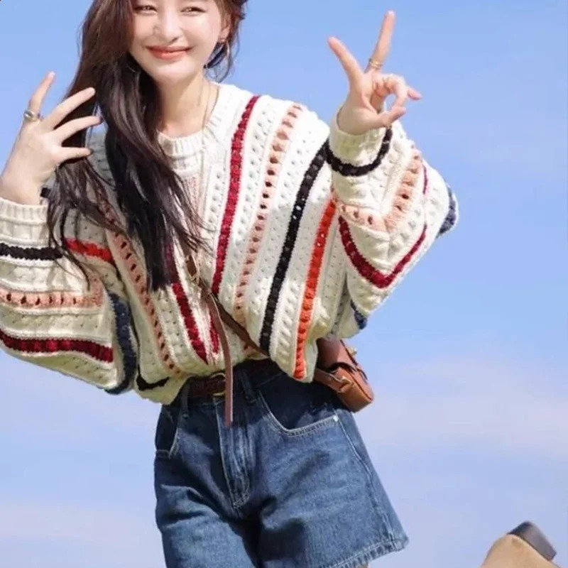 Rainbow striped long sleeves knitted sweater for womens spring autumn hook flower hollowed out round neck short sweater top 240812