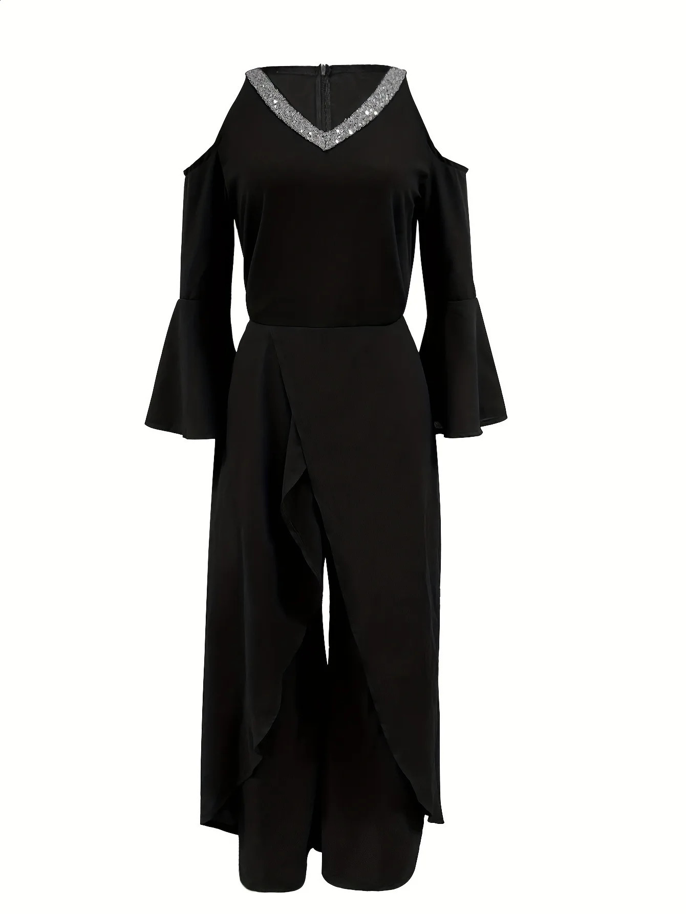 Womens Sequin Solid V Neck Business Elegant Wide Leg Loose Sleeve Bell Sleeve Jumpsuit 240813