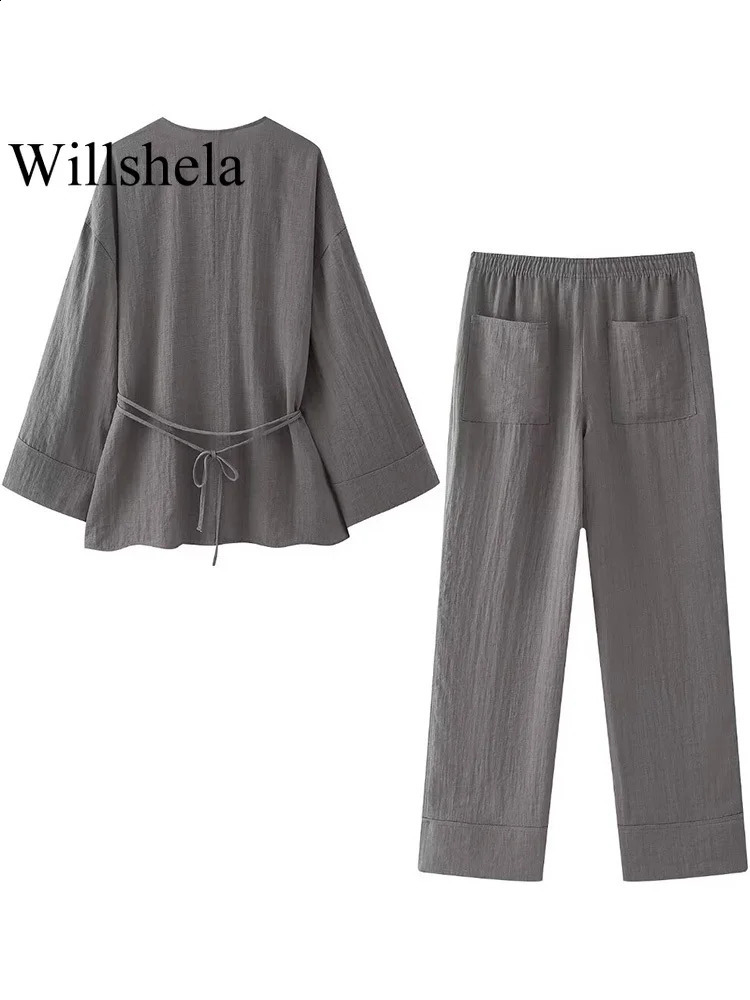 Willshela Women Fashion Two Piece Set Grey Lace Up Loose Coats Vintage High Elastic Waist Trousers Feamle Chic Lady Pants Sets 240813