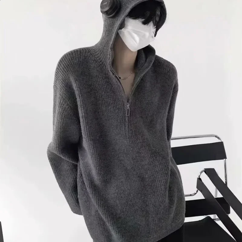 Mens half zipper soft supplement hooded sweater casual highend autumnwinter knitted cardigan wool trend couple 240812