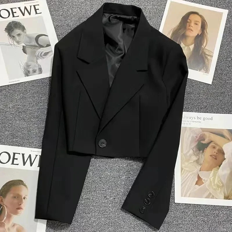 Korean Fashion Cropped Blazers Jacket Women Long Sleeve Office Ladies Streetwear Solid Color Single Button Short Suit Coat o240813