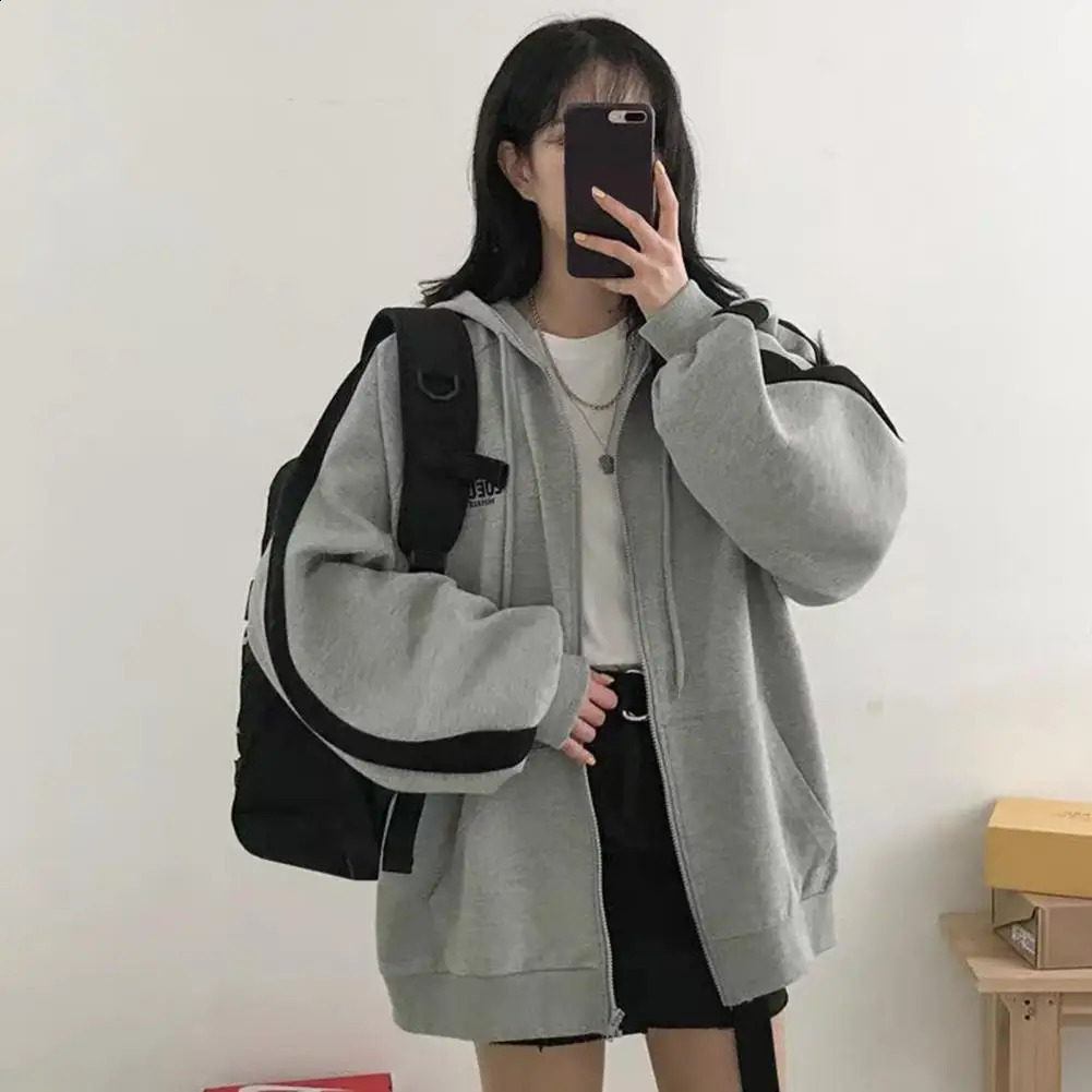 Women Solid Color Zipper Hoodies Harajuku Drawstring Long Sleeve Hooded Sweatshirts Korean Casual Pocket Jacket Streetwear 240812