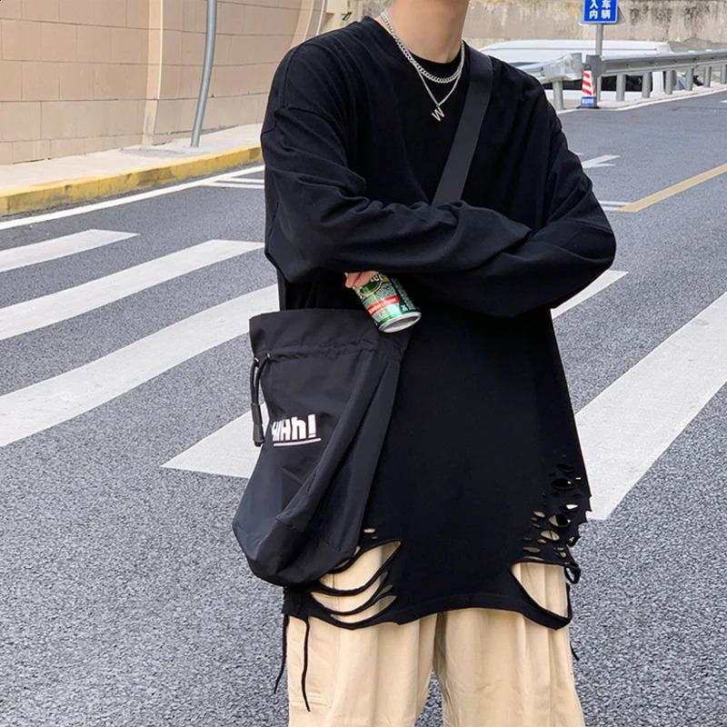 Men Long Sleeve T-shirts Ripped Clothes Simply Streetwear Handsome Solid All-match Cool Hip Hop Ulzzang Teens Male Fashion 240812