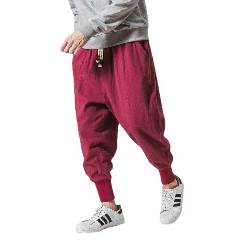 New Cotton Linen Harem Pants Men Solid Elastic Waist Streetwear Joggers Baggy Drop-crotch Pants Casual TrousersXJ240813