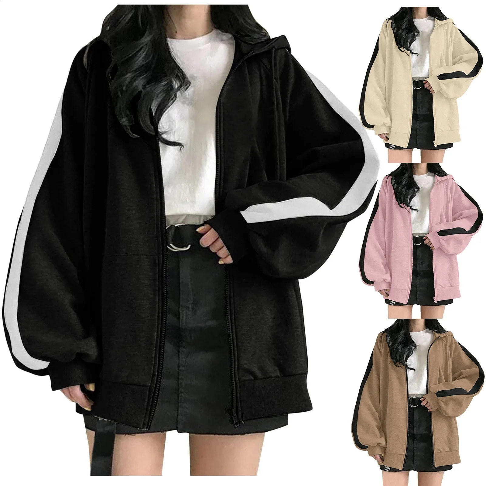 Harajuku Korean Version Zip Up Hoodies For Women Fall Solid Loose Jacket Coats Vintage Long Sleeve Oversized Hooded Sweatshirts 240812