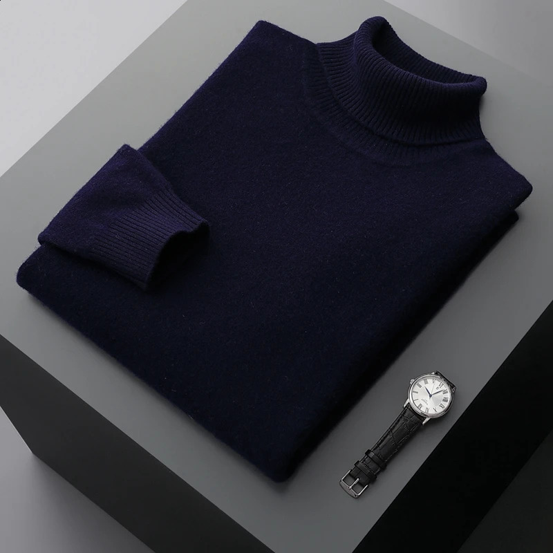 Autumn and Winter 100% Wool Bottom Shirt Mens Thick Collar Sweater Business Cashmere Knitted 240812
