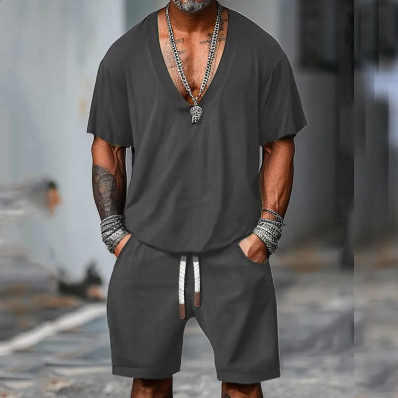 Summer mens casual suit solid color Vneck floral simple shorts twopiece set 240812