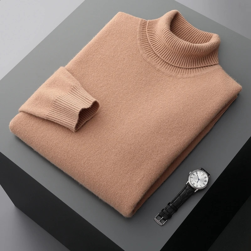 Autumn and Winter 100% Wool Bottom Shirt Mens Thick Collar Sweater Business Cashmere Knitted 240812