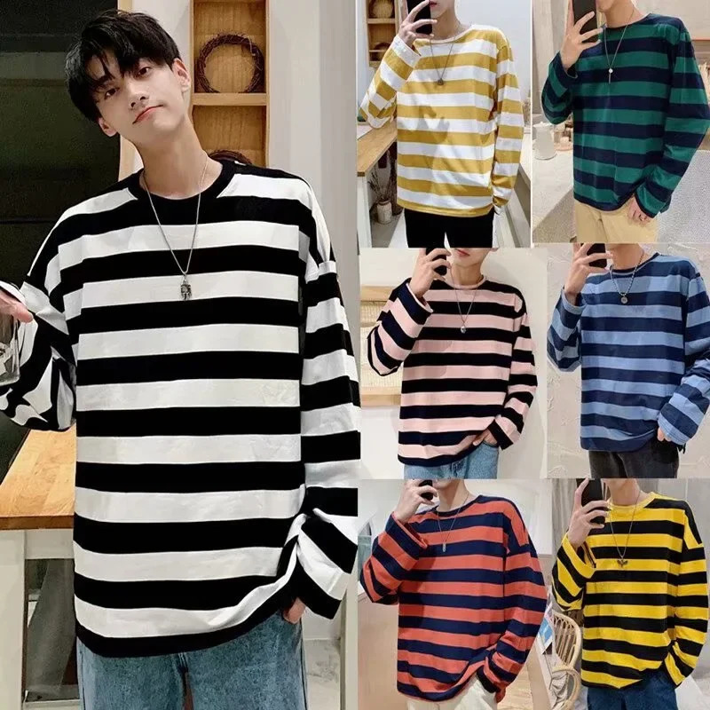 Spring Autumn Korean Striped Long Sleeve T-shirts For Men Casual Loose Fit Base Layer Top Youth Trendy Ins Style Wholesale 240812