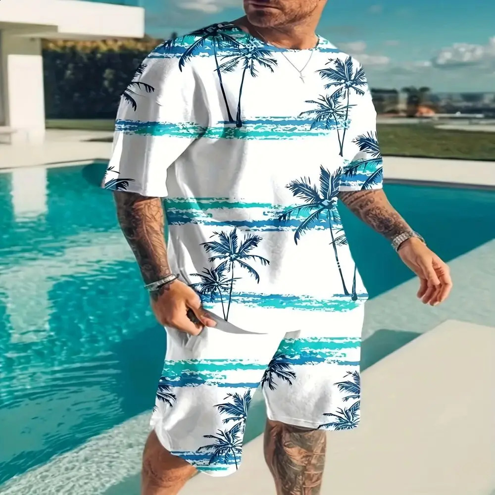 Hawaii Mens Street Oversized Summer Mens Clothing 3D Printed Maple Leaf Mens T-Shirt Shorts Two Piece Mens Sportswear Set 240813