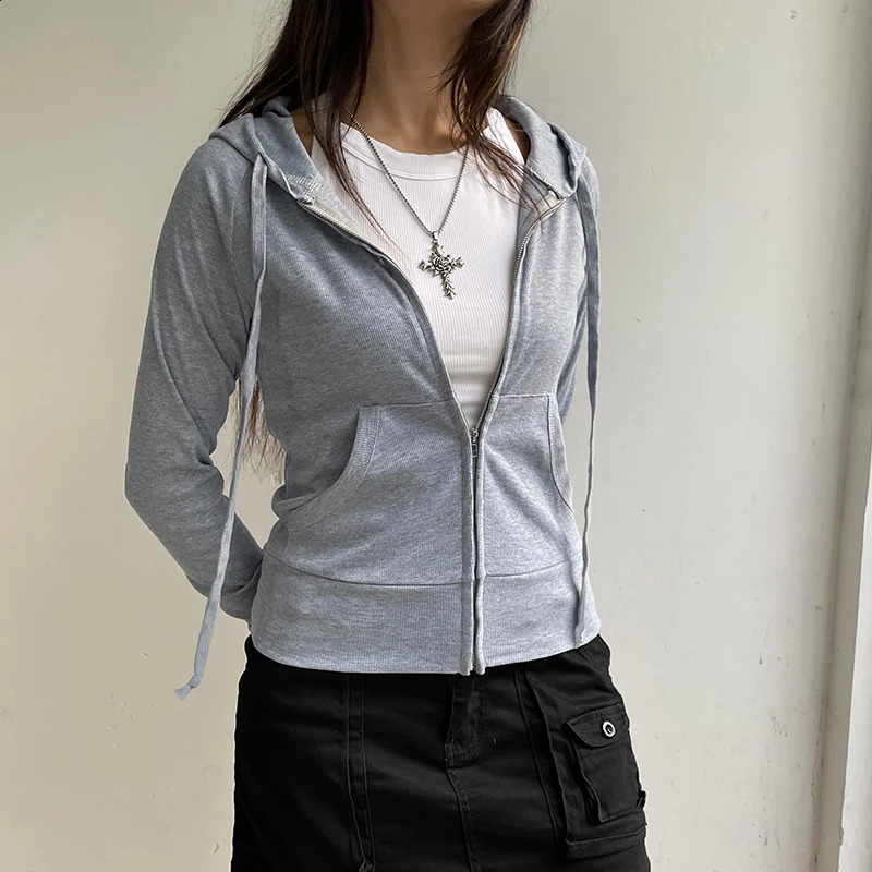 CIBBAR Casual Zip Up Hoodie Cardigan y2k Streetwear Pockets Patchwork Hooded Sweatshirt Women Basic Clothing Fall Clothing 240812