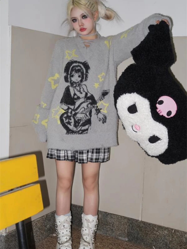 HOUZHOU Harajuku Gothic Y2k Sweater Women Sexy Bandage Oversized Pullovers Knitted Streetwear E Girl V-neck Autumn Winter Tops 240812