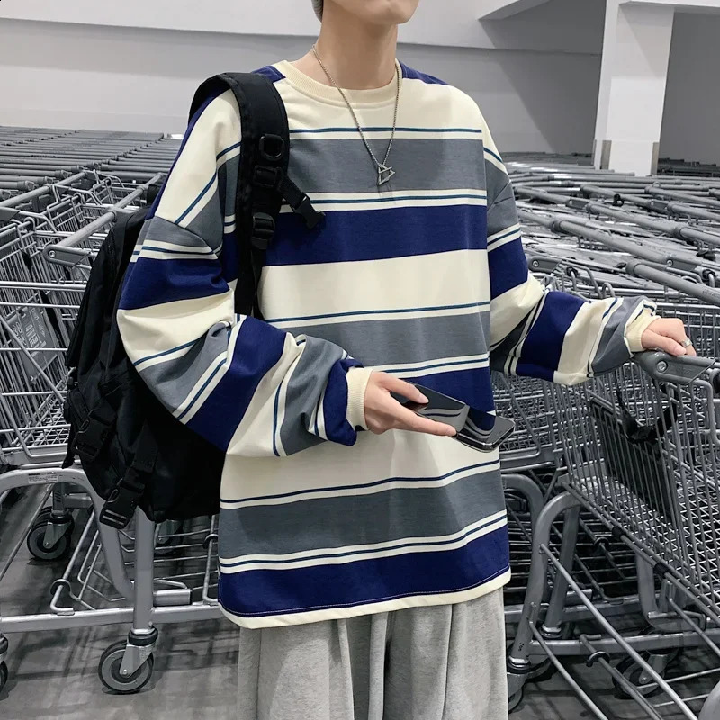 Striped Long Sleeve T-shirt For Men Spring Autumn Harajuku Hong Kong Style Ins Trendy Versatile Top Loose Fit Casual Round Neck 240812