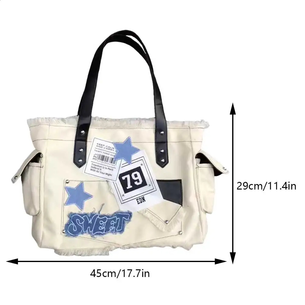 Womens casual square large capacity solid shoulder bag with side pockets star shaped handbag canvas 240813
