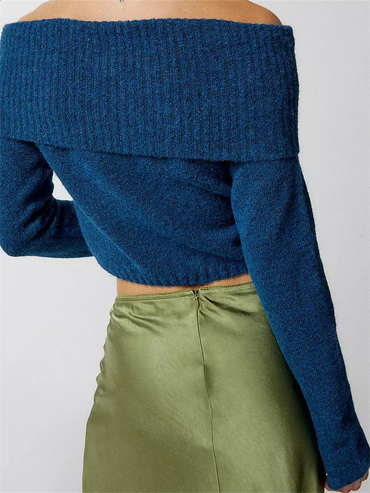 CHRONSTYLE Women Spring Fall Knitted Sweaters Tops Solid Color Long Sleeve Off Shoulder Slash Neck Ribbed Slim Knitwear Jumpers 240813