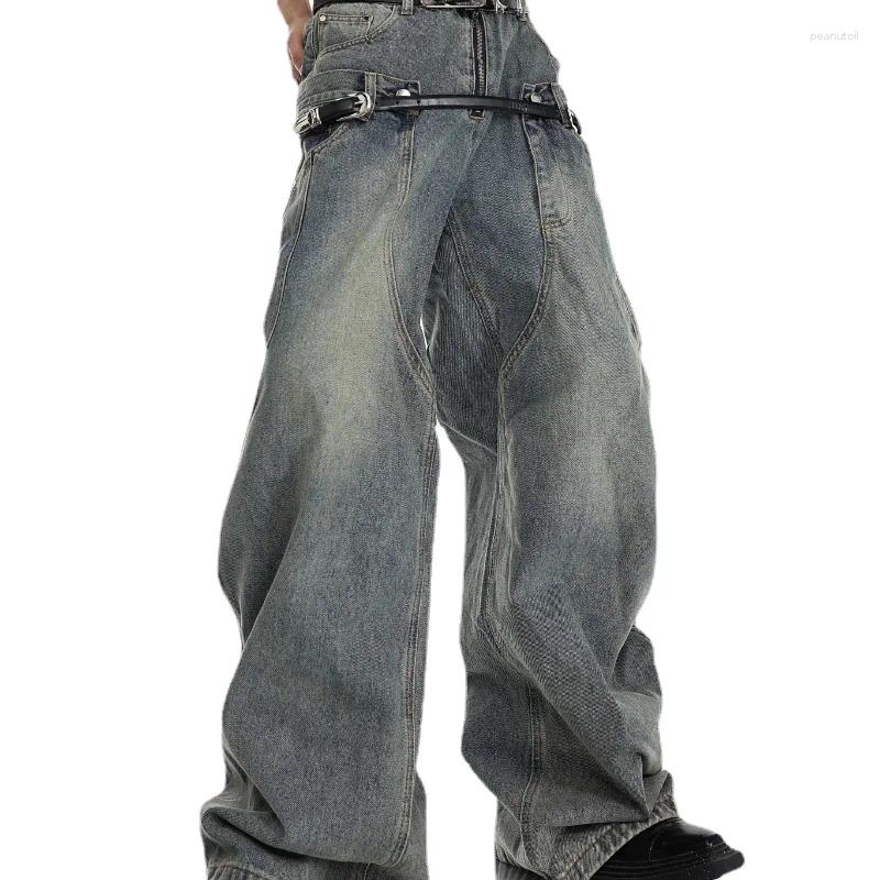 Men's Pants Avant-Garde Style Y2k Niche Vintage Washed Double Belt Jeans Loose Wide Leg Straight High Waist Trousers Bell-Bottom B4